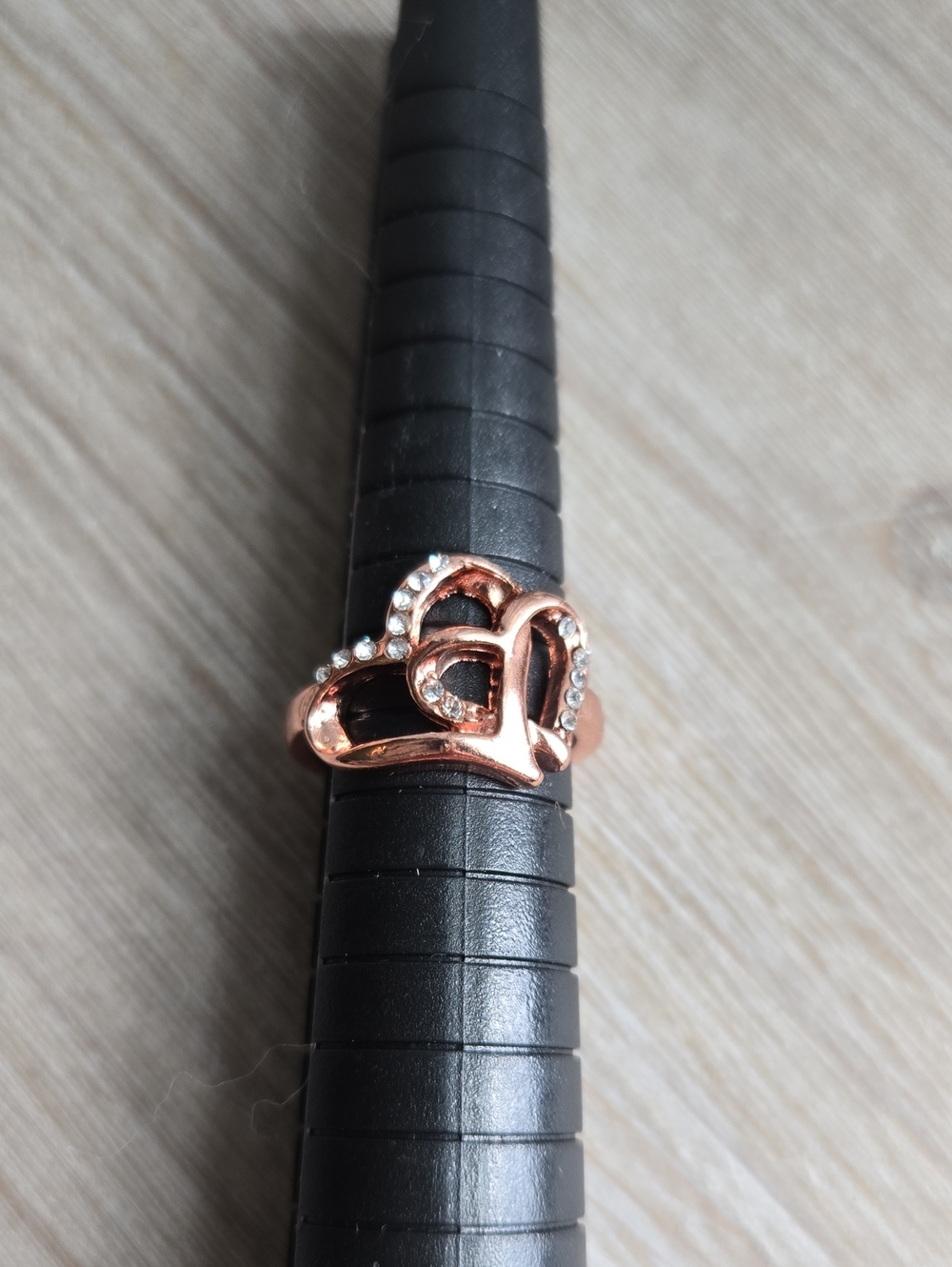 Rose Gold Double Heart Ring with Crystal Accents.Size 5.